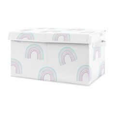 a white storage box with rainbows on the lid and bottom, in front of a white background