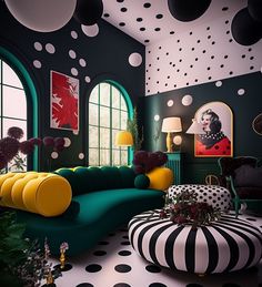 a living room with black and white polka dots on the walls, green couches and yellow chairs