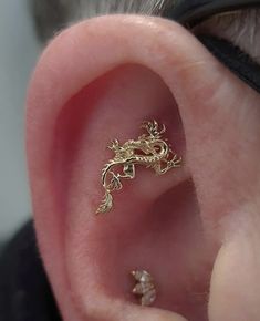 a close up of a person's ear with a small gold lizard on it