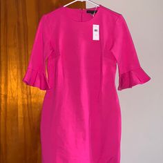 Fun And Comfortable Shirt Dress With Bell Flair At Elbow. Size 6p. Nwt. Casual Pink Office Dress, Casual Pink Knee-length Shirt Dress, Elegant Pink V-neck Shirt Dress, Pink Button-up Shirt Dress For Casual Occasions, Pink Shirt Dress, Affordable Pink Knee-length Shirt Dress, Chic Pink Button-up Shirt Dress, Ruffle Wrap Dress, Womens Sheath Dress