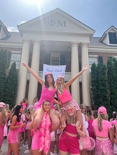 pink out theme, sorority work week, pink party, pink dress up day, pink please, pink dress, pink set, pink accessories, barbie theme, phi mu tennessee, utk sorority, southern sorority house sec, sorority pose, bid day theme, big little reveal Party Pink Dress, Sorority Work Week, Sorority Pictures, Sorority Themes, Sorority Poses, 17th Birthday Ideas, Sorority House, Sorority Events