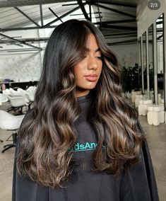 Dark Brown Partial Balayage, Dark Brown And Caramel Hair, Dark Dimensional Brunette, Warm Brown Balayage On Black Hair, Indian Balayage Dark Hair, Balayage Latina, Subtle Money Piece Dark Hair, Chocolate Brown Hair With Balayage, Dark Brown With Balayage