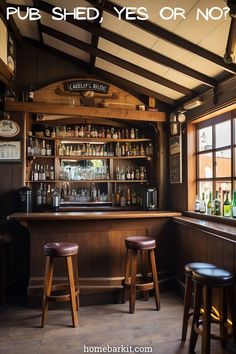 the inside of a bar with two stools