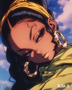 an anime character with her eyes closed and ear rings in her hair, looking to the side