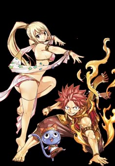 two anime characters, one with blonde hair and the other with red hair in bikinis