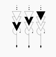 three black and white geometric shapes on a white background, with arrows pointing in different directions