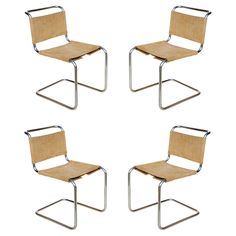 four chairs with wooden seats and metal frames on each side, in the shape of a circle