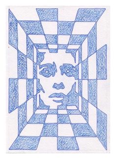 a blue and white drawing of a person's face in a square pattern with squares