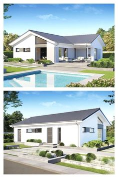 two pictures of a house with a swimming pool