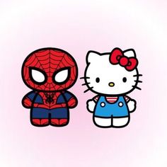 hello kitty and spider - man are standing next to each other on a pink background