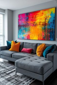 Bright Color Living Room Ideas, Grey Blue Living Room Ideas, Grey Sofa Living Room Color Schemes, Living Room Inspiration Grey Couch, Bright Living Room Ideas, Grey Couch Living Room Ideas, Focus Ideas, Easy Outdoor Projects