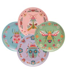 four colorful plates with bugs and flowers painted on the front, one has a bee