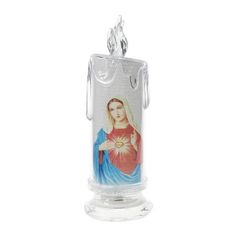 an image of the virgin mary on a glass candle holder with a chain hanging from it