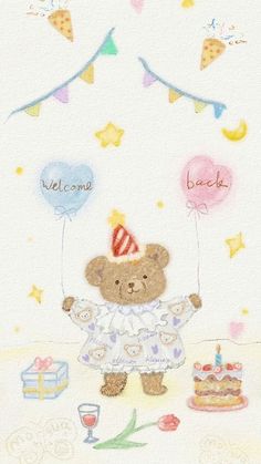 a drawing of a teddy bear wearing a birthday hat with balloons and cake in the background