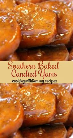 some food is sitting on a plate and has sauce in it with the words southern baked candied jams