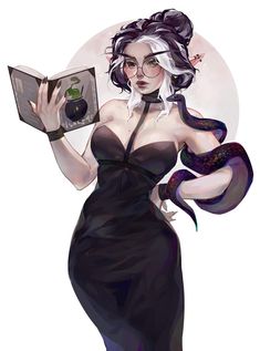 a woman in a black dress is holding a book and snake around her neck, with the moon behind her