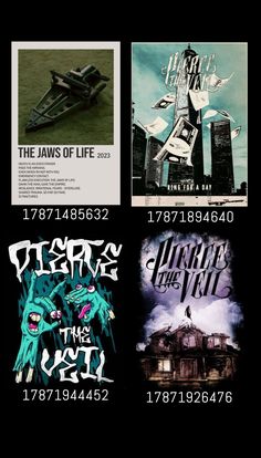 four posters with different font and numbers on them, including one that says the jawss of life