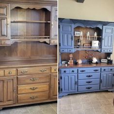 two pictures side by side one has blue cabinets and the other has brown cupboards