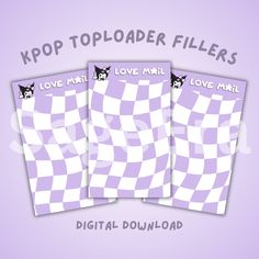 three purple and white checkered paper with the words love me, love my cat on them