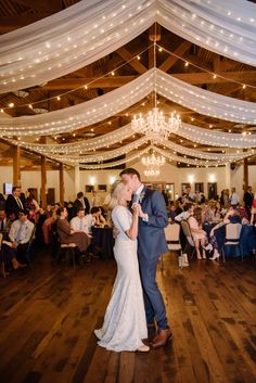 a bride and groom share their first dance