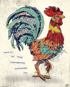 a drawing of a rooster with words written on it's back and the caption