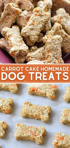 carrot cake homemade dog treats on a baking sheet with the words carrot cake homemade dog treats