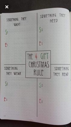 an open notebook with writing on it that says, the 4 gift christmas rules are shown