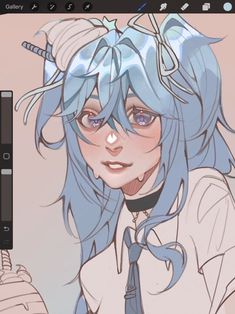 an anime character with blue hair holding a pen and looking at the camera while wearing a tie