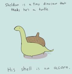 a drawing of a turtle riding on top of another turtle with the caption shell is an acorn