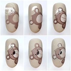 Drawing On Nails Step By Step, Teddy Bear Nail Art Step By Step, Simple Cartoon Nail Designs, Nail Art Bear, Bear Nails Designs, Cute Bear Nails, Nail Art Step By Step, Animal Print Nail Art, Ongles Beiges