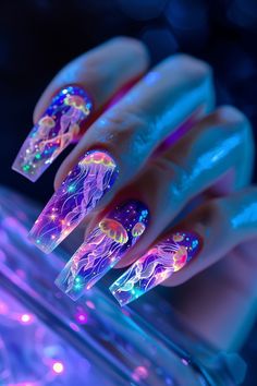 Outer Space Nails, Cool Nails, Disney Acrylic Nails, Galaxy Nail Art, Neon Nail Designs, Fancy Nail Art, 3d Nail Art Designs, Makeup Nails Designs, Glow Nails