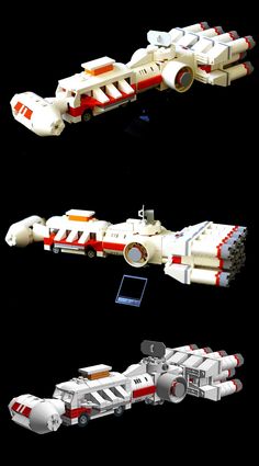 two models of a space ship, one in white and the other in red on a black background