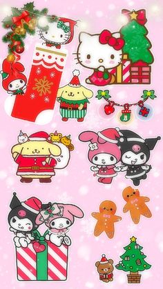 hello kitty christmas stickers on a pink background