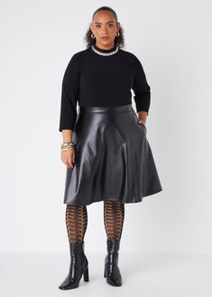 Step into sweet style with our faux leather and stretch-knit dress, designed for the girly girl with a bold side! The a-line skirt creates a flirty silhouette, while the faux leather panels add a hint of audacity to your style. Leather Dress Plus Size, A Line Dress Plus Size, Plus Size Semi Formal, Plus Size Work Dresses, Semi Formal Attire, Color Block Skirt, Stretch Knit Dress, Faux Leather Dress, Dresses Plus Size