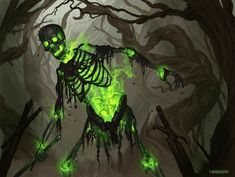 a creepy skeleton with glowing green eyes in the woods