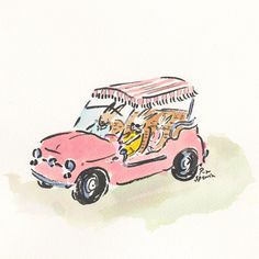 a drawing of a pink car with two cats in the passenger seat and an umbrella on top