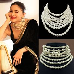 Buy Alia Bhatt Choker, Alia Bhatt Black Velvet Saree Layered Pearl Necklace, Gift for Her, Alia Bhatt Pearl Necklace, Bollywood Indian Necklace Online in India - Etsy Indian Beaded Necklace, Pearl Necklace On Saree, Layered Pearl Necklace Indian, Choker With Saree, Pearl Necklace With Saree, Indian Pearl Jewellery, Latest Pearl Jewellery Designs, Black Velvet Saree, Latest Pearl Necklace Designs