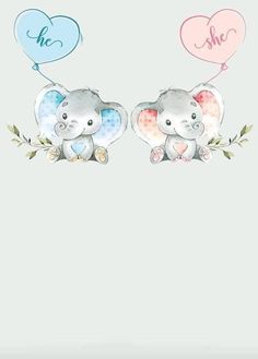 two elephants holding balloons with the words she and she above them are hearts shaped balloons