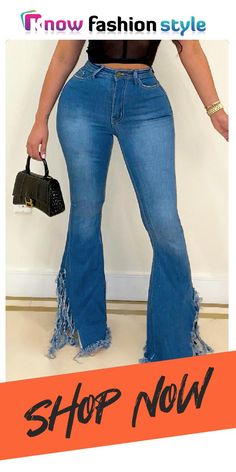 Blue Fashion Casual Solid Tassel High Waist Boot Cut Denim Jeans Black Sportswear, Purple And Gold Dress, Hot Jumpsuits, Pink Swimwear, Hot Swimwear, Red Dress Short, White Bodysuit, Plus Size Activewear, Boot Cut Denim