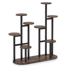 three tiered wooden shelf with black metal legs and round wood shelves on each side