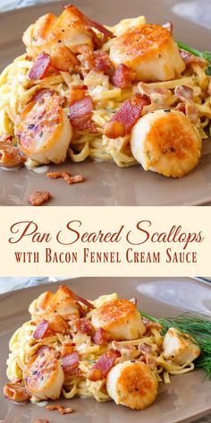 two plates with scallops and bacon on them