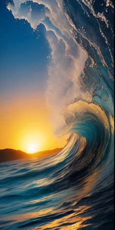 an ocean wave with the sun setting in the background