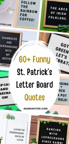 funny st patrick's letter board quotes are featured in this postcard collage