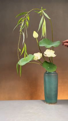 a green vase with white flowers in it on a table next to a person's hand