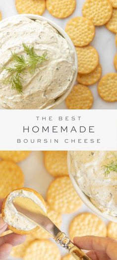 the best homemade sour cream cheese is in a white bowl with crackers around it