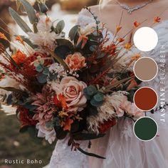 a woman in a wedding dress holding a bouquet with oranges and greens on it