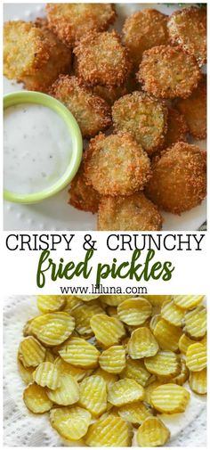 crispy and crunchy fried pickles on a plate with ranch dip in the background