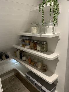 the shelves in the pantry are filled with spices and jars, along with other items