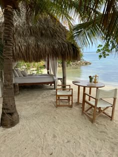 a table and chairs under a palm tree on the beach