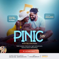 the poster for pinic day with two people sitting on a bed and smiling at each other